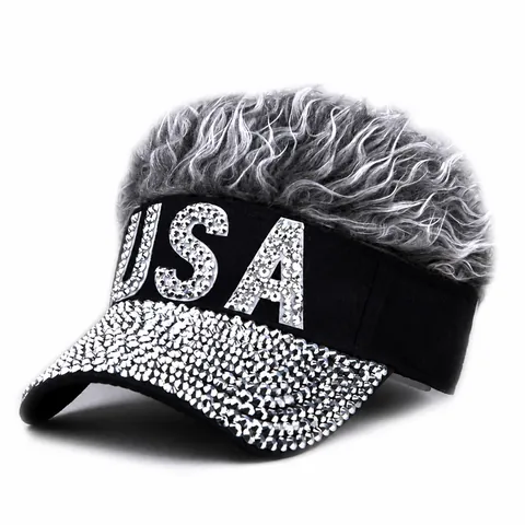 Women's USA Rhinestone Visor Hat With Novelty Wig Hair Adjustable Funny Sun Cap For Independence Day Party Performance Accessory