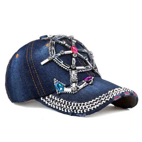 Γυναικείο Πολυτελές Καπέλο Baseball Denim με Στρας Πηδάλιο Άγκυρα Φθαρμένο Βαμβακερό Καπέλο Ηλίου Outdoor Casual