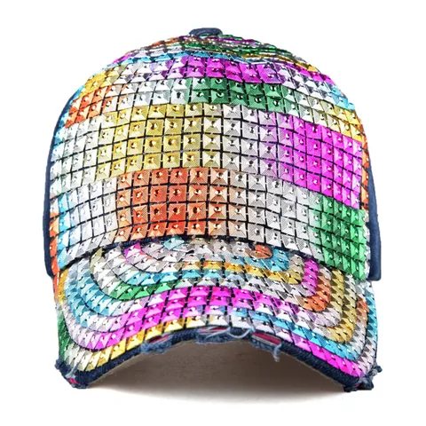 Berretto da Baseball in Cotone Denim da Donna Con Strass Quadrati Arcobaleno Visiera Effetto Usato Regolabile Protezione Solare Cappello di Moda All'aperto