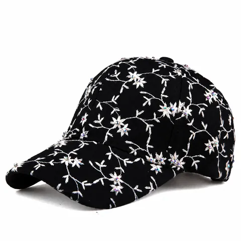 Women Fashion Floral Embroidery Baseball Cap With Rhinestone Sun Protection Outdoor Adjustable Cotton Blend Hat