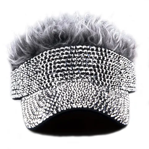 Creative Rhinestone Wig Visor Hat Sun Protection Empty Top Cap For Party Outdoor Golf Performance Women Novelty Apparel