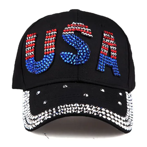 USA Rhinestone Studded Denim Baseball Cap American Flag Style Cotton Sun Hat Crystals Rivets For Women Fashion Outdoor