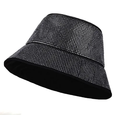Cappello a Secchiello di Lusso con Strass Donna Cristallo Luccicante Cappello da Pescatore in Cotone Nero per Feste All'aperto