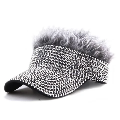 Creative Rhinestone Wig Visor Hat Sun Protection Empty Top Cap For Party Outdoor Golf Performance Women Novelty Apparel