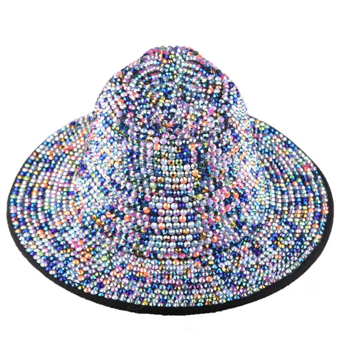 Handmade Full Rhinestone Fedora Hat For Women Men Luxury Glitter Jazz Hat Diamond Encrusted Wide Brim Party Stage Hat Cap