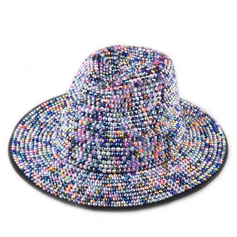 Handmade Full Rhinestone Fedora Hat For Women Men Luxury Glitter Jazz Hat Diamond Encrusted Wide Brim Party Stage Hat Cap