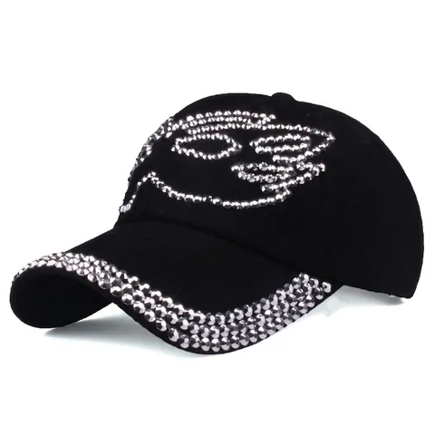 Women's Rhinestone Baseball Cap Sparkly Bling Crystal Wings Pattern Cotton Denim Distressed Adjustable Sun Hat Outdoor Fashion