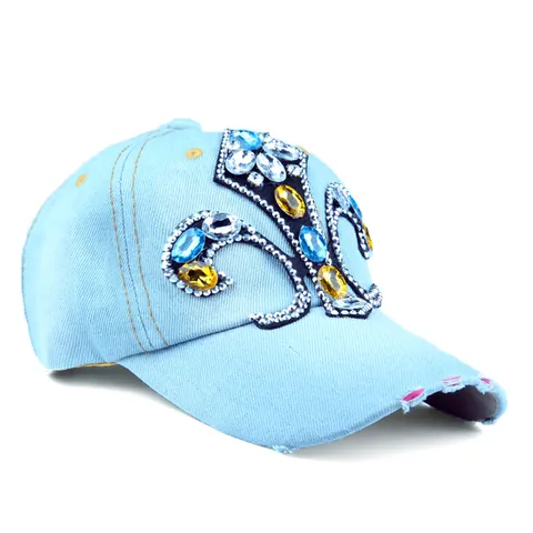 Rhinestone Fleur-de-lis Distressed Denim Baseball Cap Women Washed Cotton Adjustable Sun Hat Outdoor Fashion Accessories