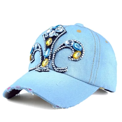 Rhinestone Fleur-de-lis Distressed Denim Baseball Cap Women Washed Cotton Adjustable Sun Hat Outdoor Fashion Accessories