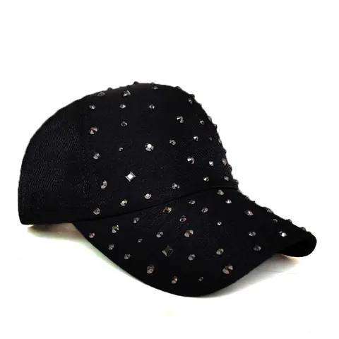 Women Fashion Rhinestone Studded Baseball Cap Cotton Polyester Adjustable Sunshade Hat Street Style Outdoor Travel Accessory