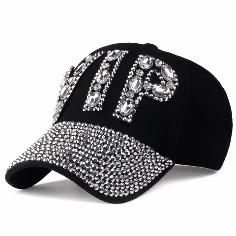 Cappellino da Baseball da Donna con Strass Lettera VIP Moda Luccicante Cotone Denim Cappello da Sole Streetwear Regolabile