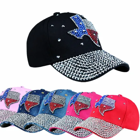 Damen Strass Baseballkappe Texas Karte Design Funkelnde Kristall Baumwolle Denim Sonnenhut Outdoor Mode Trucker Cap