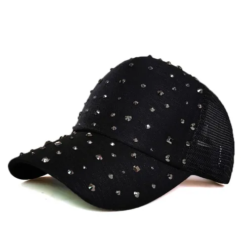 Berretto da Baseball da Donna con Strass e Borchie Cappello Trucker in Rete Traspirante Regolabile Punk Streetwear Parasole Cotone
