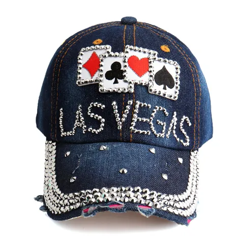 Dames Denim Honkbalpet Met Strass LAS VEGAS Pokerpatronen Studs Versleten Mode Outdoor Zonneklep Hut