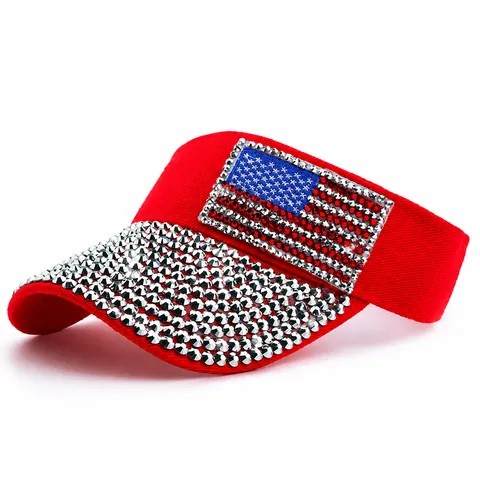 Fashion Handmade Rhinestone Sun Visor Hat US Flag Pattern Adjustable Acrylic Outdoor Sunshade Beach Cap For Women Men