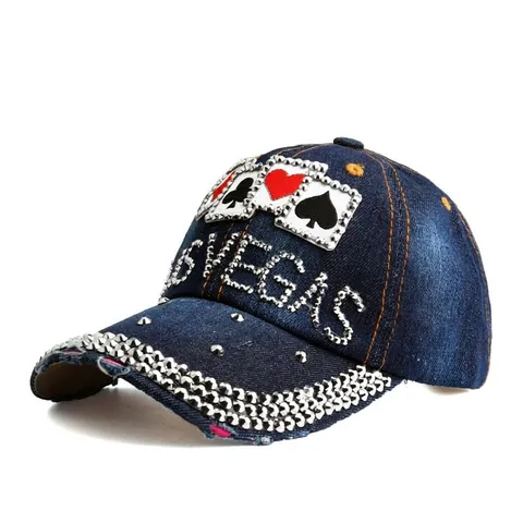 Dames Denim Honkbalpet Met Strass LAS VEGAS Pokerpatronen Studs Versleten Mode Outdoor Zonneklep Hut
