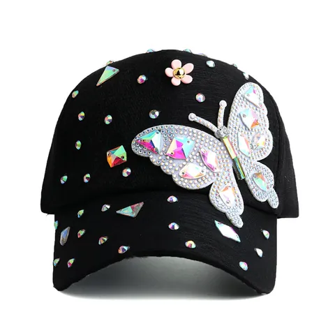 Women Rhinestone Butterfly Baseball Cap Colorful Crystal Studded Peaked Hat Fashion Cotton Sunshade Outdoor Travel Cap