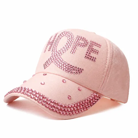 Rhinestone HOPE Letter Baseball Cap For Women Cotton Polyester Pink Ribbon Breast Cancer Awareness Sun Hat Adjustable Snapback
