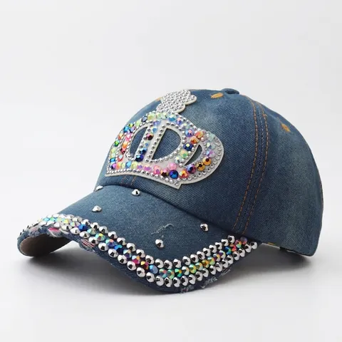 Berretto da Baseball in Denim Distressed da Donna Con Corona di Strass Colorati e Dettagli Rivetti Cappello da Sole