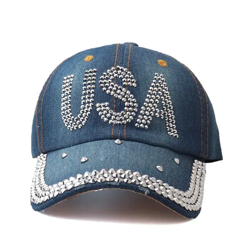 Berretto da Baseball in Denim con Lettere USA in Strass per Uomo Donna Cotone Lavato Distressed Cappello Parasole Regolabile