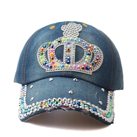 Berretto da Baseball in Denim Distressed da Donna Con Corona di Strass Colorati e Dettagli Rivetti Cappello da Sole