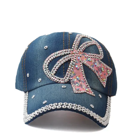 Berretto da Baseball in Denim Donna Fiocco Strass Floreale Rosa Paillettes Regolabile Visiera Curva Cappello da Sole