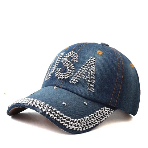 Berretto da Baseball in Denim con Lettere USA in Strass per Uomo Donna Cotone Lavato Distressed Cappello Parasole Regolabile