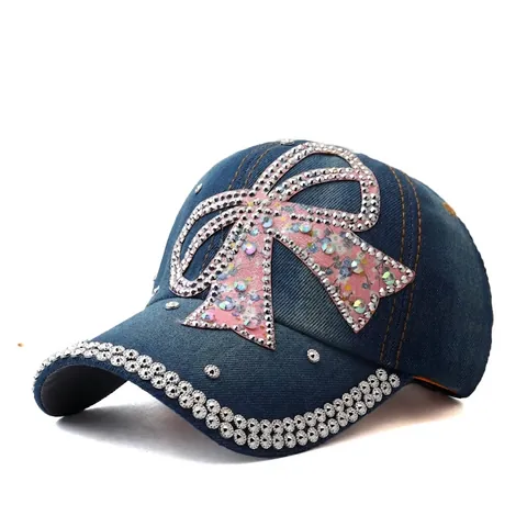 Berretto da Baseball in Denim Donna Fiocco Strass Floreale Rosa Paillettes Regolabile Visiera Curva Cappello da Sole