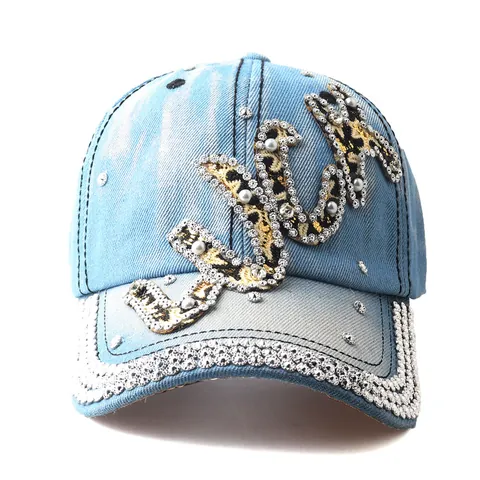 Women Washed Denim Baseball Cap With Rhinestone Artificial Pearl Leopard Print Letter Patch Adjustable Fashion Outdoor Sun Hat