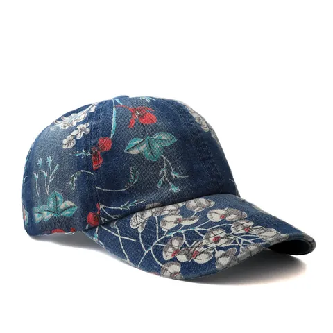Damen Vintage Blumenmuster Baumwolle Denim Baseballkappe Gewaschen Einstellbar Sonnenschutz Outdoor Mode Trucker Hut Ethno Stil Hip Hop Kappe