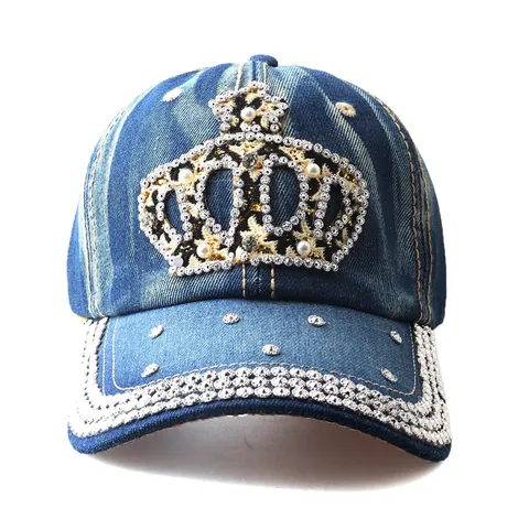 Berretto da Baseball in Denim di Lusso per Donna Con Motivo a Corona di Strass e Künstliche Perle Accento Leopardato Cappello da Sole Regolabile