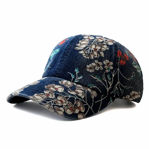 Women's Vintage Floral Print Cotton Denim Baseball Cap Washed Adjustable Sun Protection Outdoor Fashion Trucker Hat Ethnic Style Hip Hop Cap