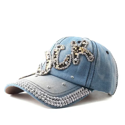 Women Washed Denim Baseball Cap With Rhinestone Artificial Pearl Leopard Print Letter Patch Adjustable Fashion Outdoor Sun Hat