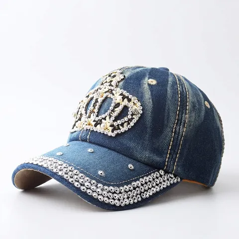 Berretto da Baseball in Denim di Lusso per Donna Con Motivo a Corona di Strass e Künstliche Perle Accento Leopardato Cappello da Sole Regolabile