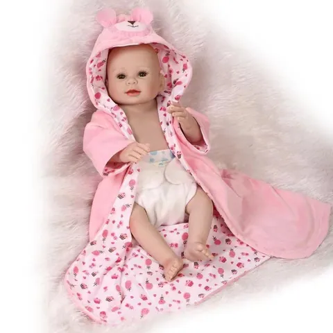 Realistic Reborn Baby Doll Silicone Simulation Girl Toy With Pink Bear Hooded Bathrobe Diaper Bottle For Role Play Bathing