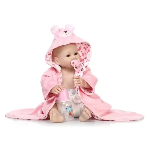 Realistic Reborn Baby Doll Silicone Simulation Girl Toy With Pink Bear Hooded Bathrobe Diaper Bottle For Role Play Bathing