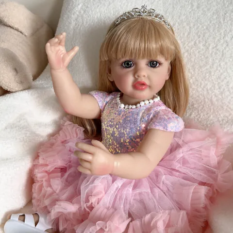 Realistic Reborn Baby Girl Doll Lifelike Full Body Vinyl Silicone With Long Golden Hair Sequin Mesh Princess Dress Gift