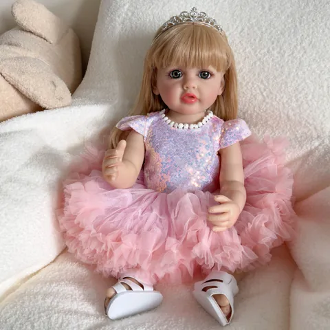Realistic Reborn Baby Girl Doll Lifelike Full Body Vinyl Silicone With Long Golden Hair Sequin Mesh Princess Dress Gift