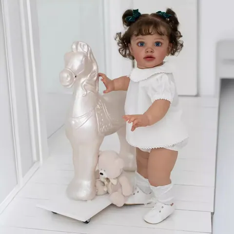 Lifelike 26 Inch Realistic Reborn Baby Doll Silicone Limbs Cloth Body Pippa With White Lace Outfit Curly Brown Hair Blue Eyes