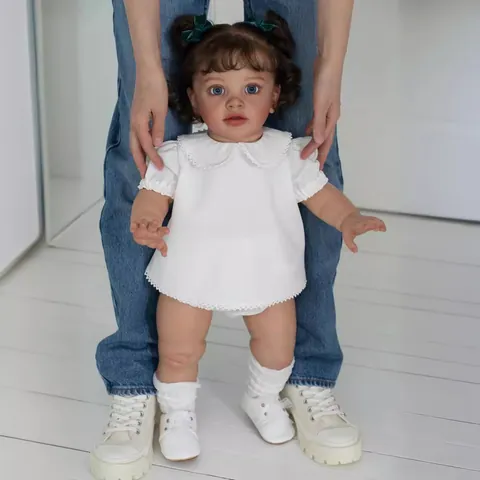 Lifelike 26 Inch Realistic Reborn Baby Doll Silicone Limbs Cloth Body Pippa With White Lace Outfit Curly Brown Hair Blue Eyes