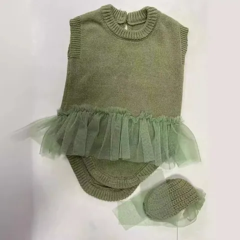 Reborn Baby Doll Clothes Knitted Romper Suit With Hat Green Mesh Ruffle Design Cute Doll Accessories Outfit Handmade Style