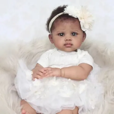 Realistic Reborn Baby Doll African American Girl Soft Silicone Cotton Body With White Lace Dress Flower Headband Toy Gift