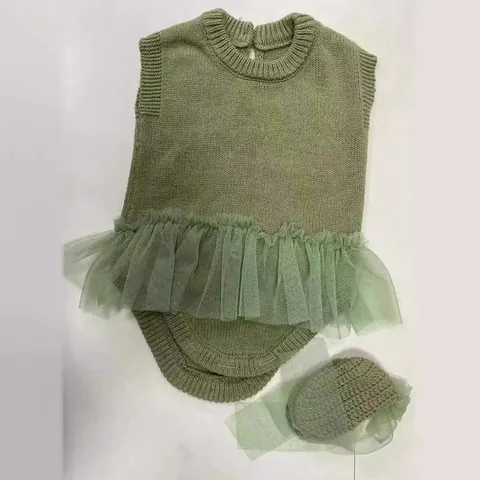 Reborn Baby Doll Clothes Knitted Romper Suit With Hat Green Mesh Ruffle Design Cute Doll Accessories Outfit Handmade Style