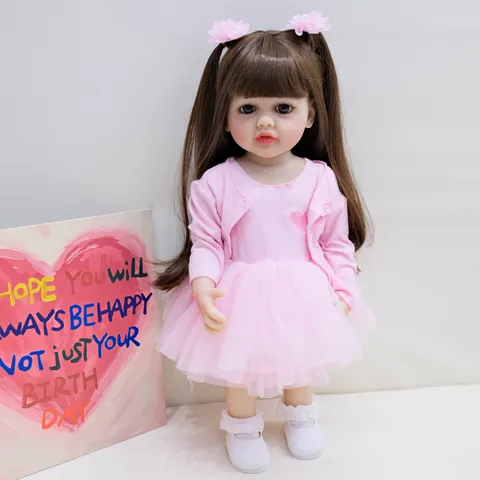 Realistische Reborn Baby Pop Volledig Siliconen Lichaam Meisjes Speelgoed In Roze Gebreid Vest En Mesh Tutu Rok Met Bruin Haar Peuter Cadeau