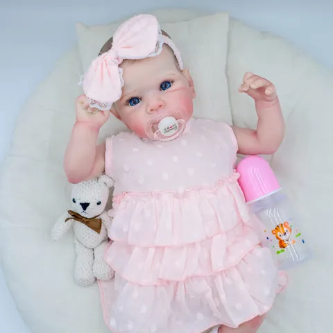 Realistic Reborn Baby Doll 48cm Soft Silicone Cloth Body Lifelike Pink Polka Dot Dress With Magnetic Pacifier Bottle Toy