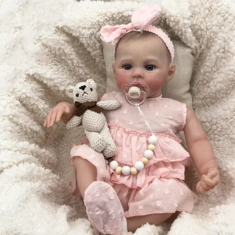 Realistic Reborn Baby Doll Pink Polka Dot Dress Lace Bow Headband Pacifier Crochet Bear Toy Soft Silicone Vinyl Handmade Doll Gift For Kids
