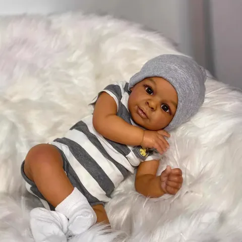 Realistic Reborn Baby Doll Dark Skin Tone Handmade Newborn Toddler Lifelike Boy Fabric Body Silicone Vinyl Soft Toy Gift