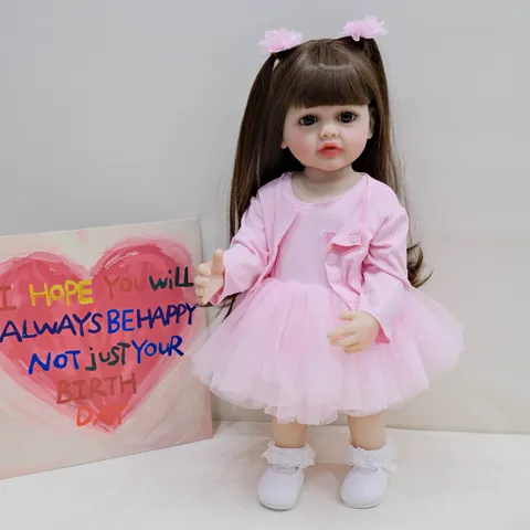 Realistische Reborn Baby Pop Volledig Siliconen Lichaam Meisjes Speelgoed In Roze Gebreid Vest En Mesh Tutu Rok Met Bruin Haar Peuter Cadeau