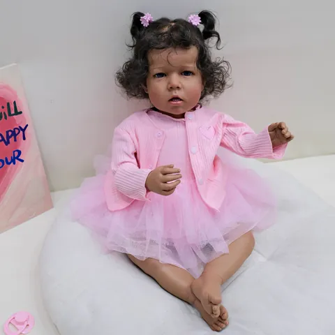 Muñeca Reborn Realista Bebé Niña Negra Africana Conjunto Falda Tutú Cárdigan Rosa Cuerpo De Tela De Silicona Suave Para Niños