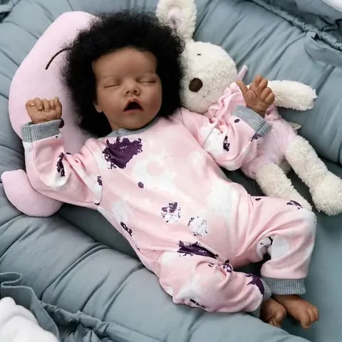 18 Inch Reborn Baby Doll Lifelike African American Sleeping Newborn Silicone Vinyl Body With Pink Tie Dye Outfit Toy